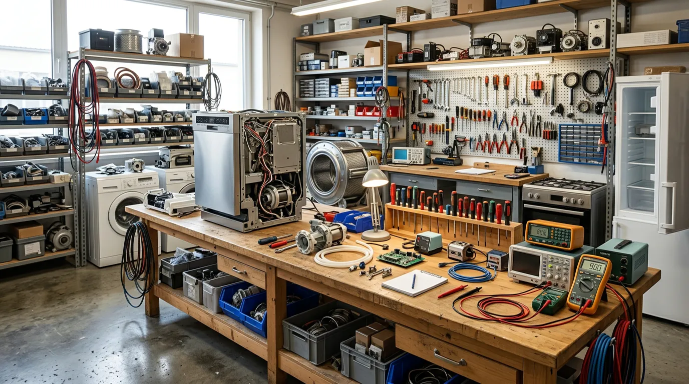 Well-lit appliance repair workshop with tools, parts and test equipment on workbench, professional setting