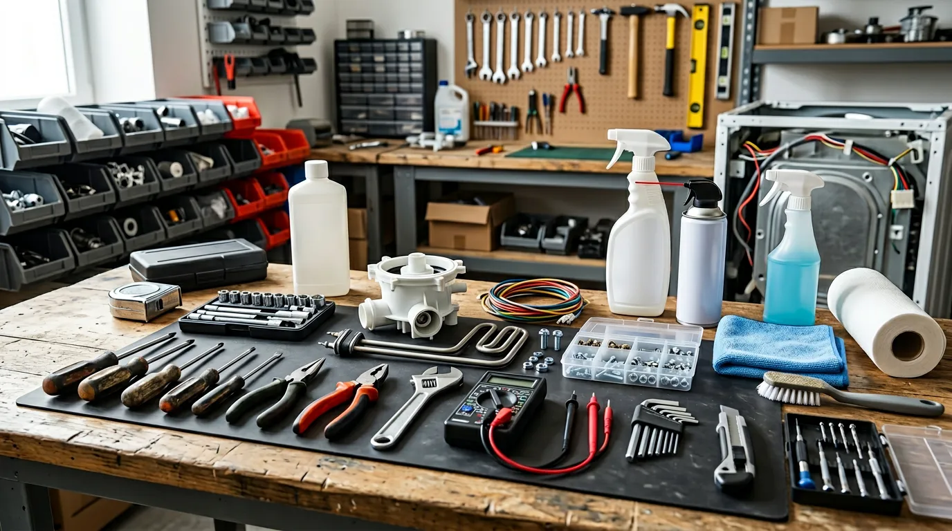 Tools and parts laid out on workbench for appliance maintenance, cleaning supplies