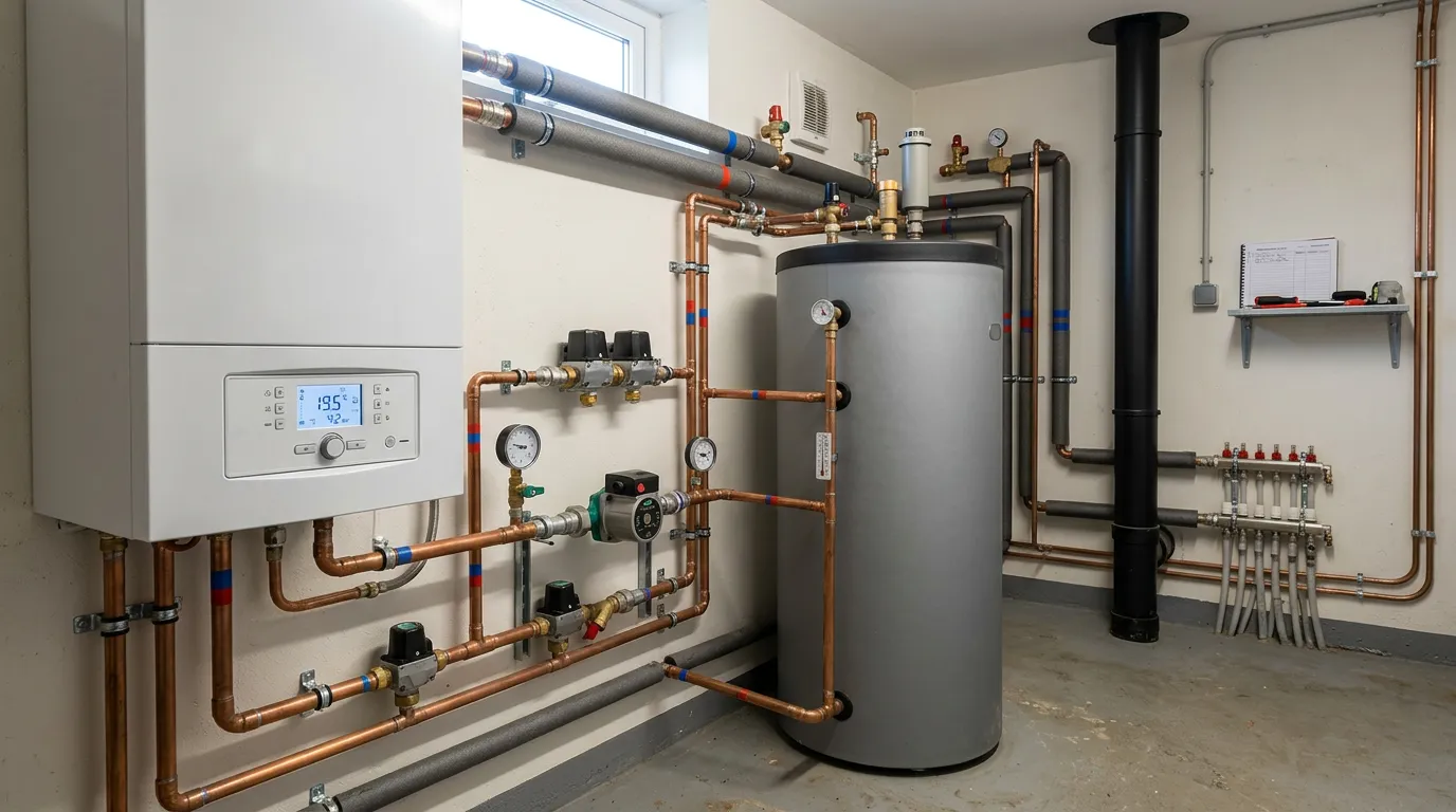 Modern boiler system with digital controls and pipes in utility room, heating equipment