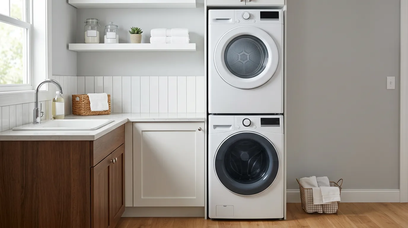 Modern washing machine and dryer stacked in laundry room, white appliances, clean interior view