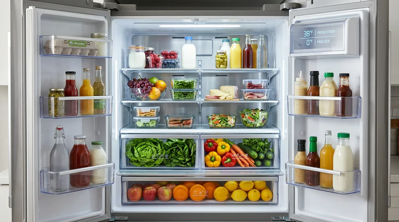 Modern stainless steel refrigerator interior with temperature display and fresh food compartments, interior view